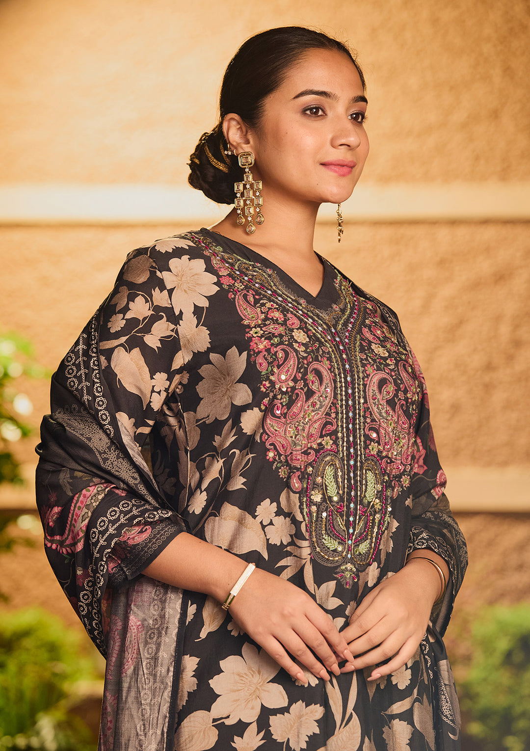 Black Threadwork Satin Readymade Salwar Suit