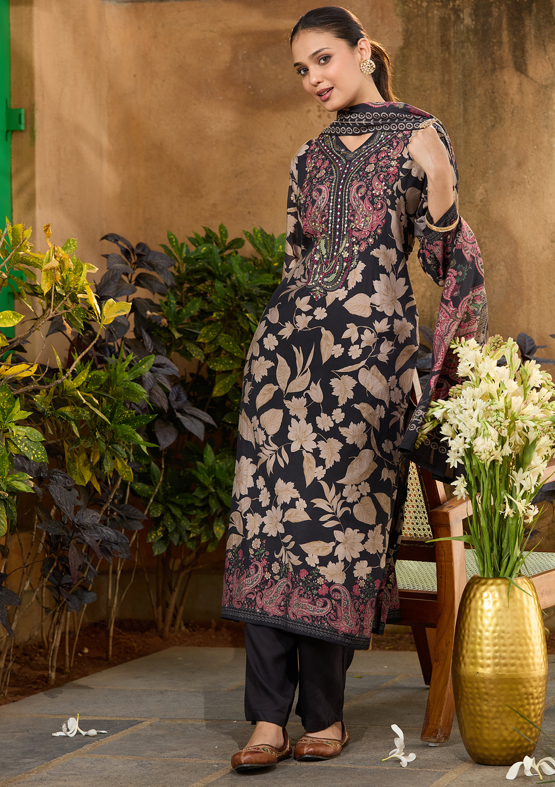 Black Satin Floral Threadwork Straight Kurta With Pant Regular And Dupatta