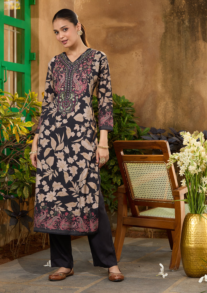 Black Satin Floral Threadwork Straight Kurta With Pant Regular And Dupatta
