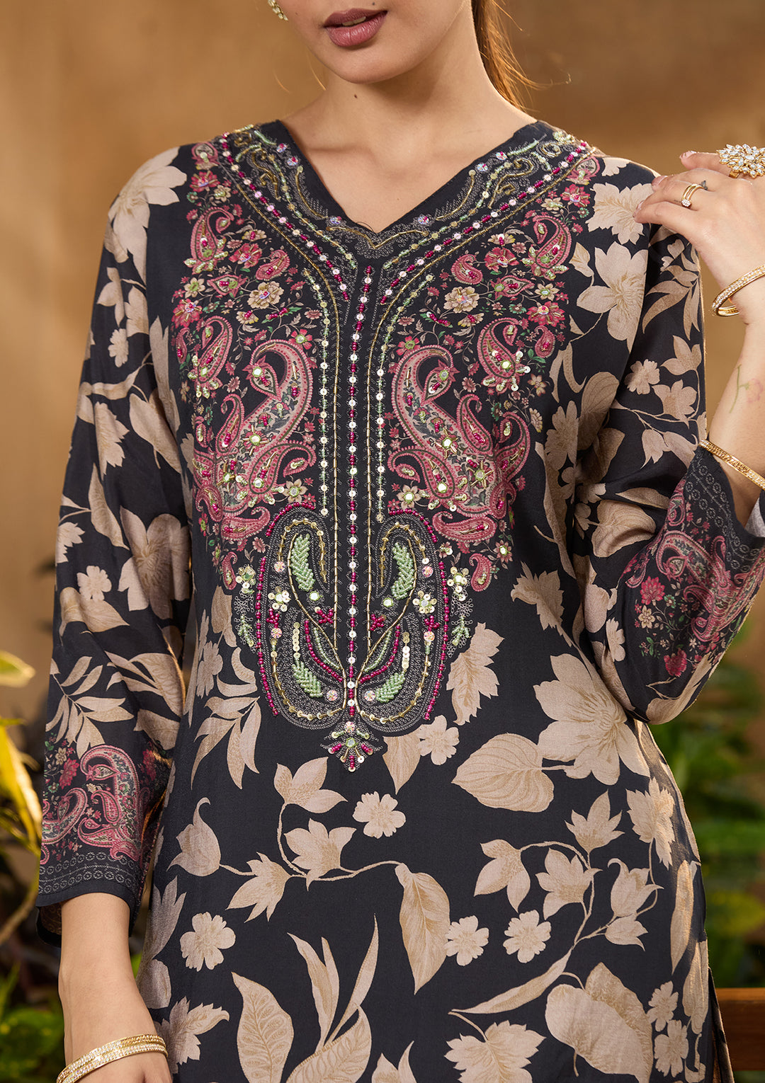 Black Satin Floral Threadwork Straight Kurta With Pant Regular And Dupatta