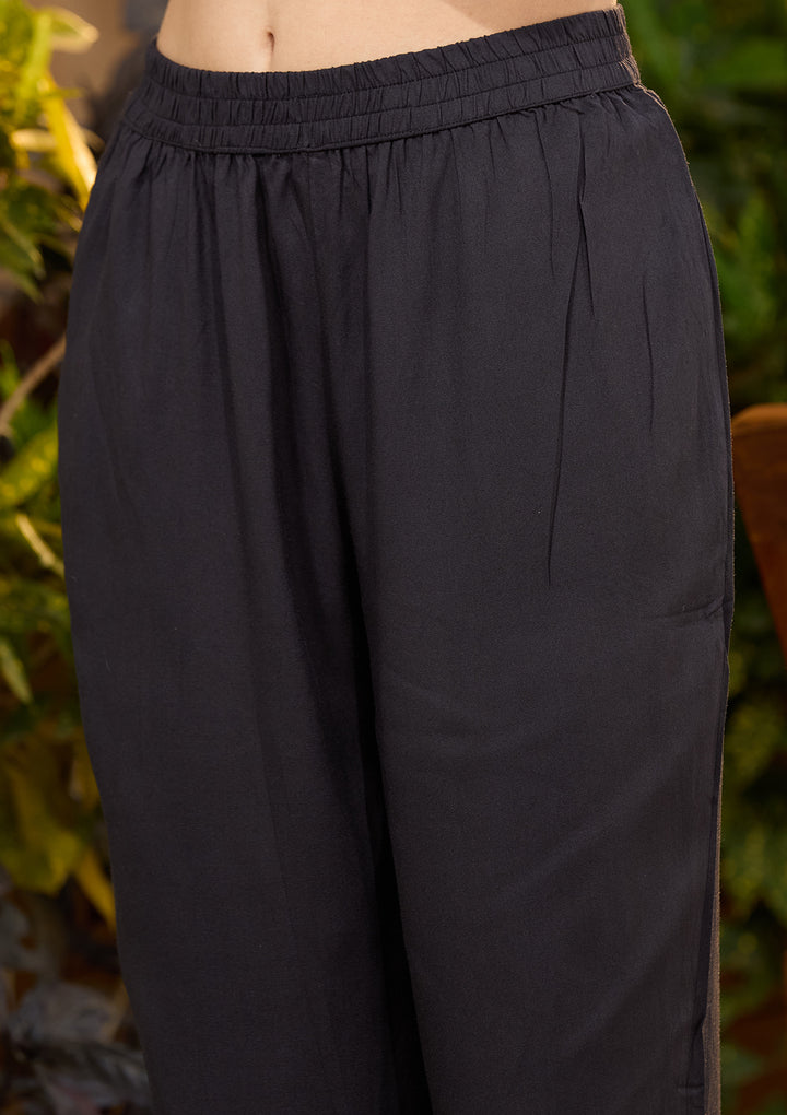 Black Satin Floral Threadwork Straight Kurta With Pant Regular And Dupatta