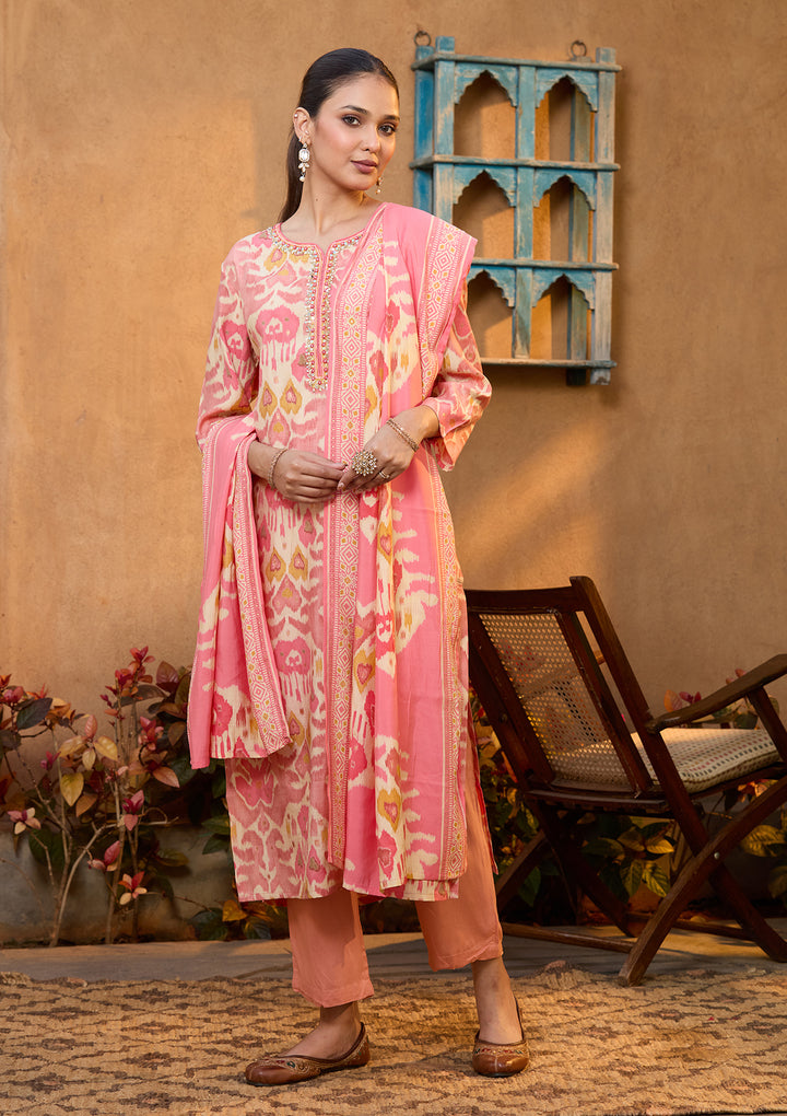 Peach Rayon Floral Sequins Straight Kurta With Pant Regular And Dupatta