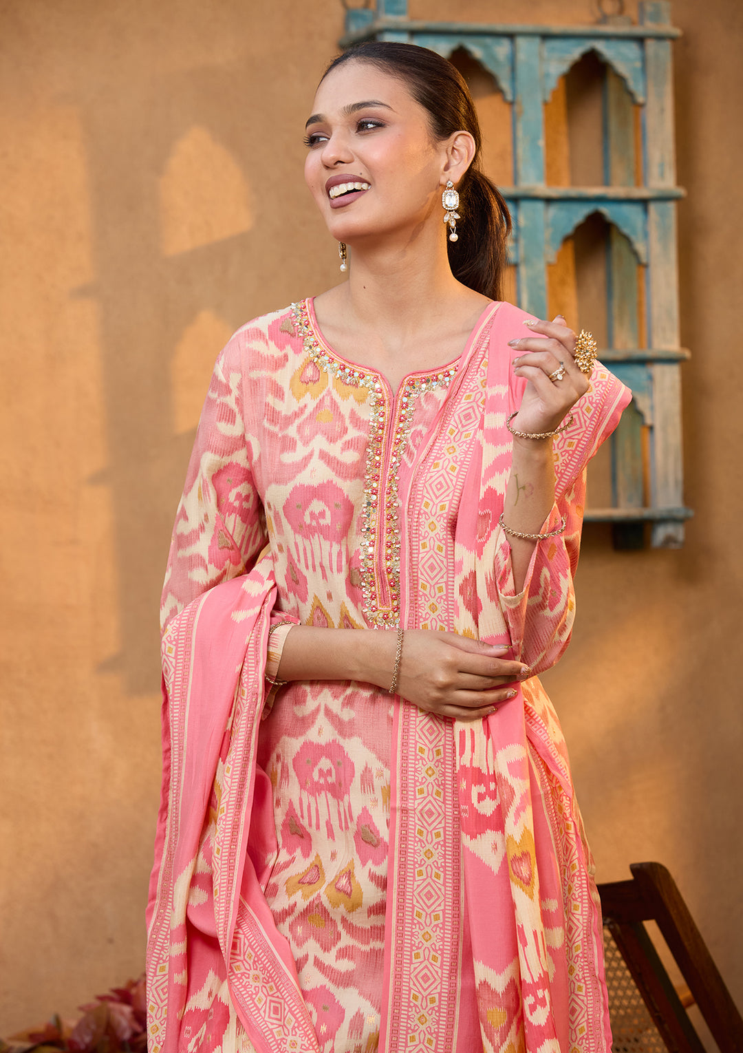 Peach Rayon Floral Sequins Straight Kurta With Pant Regular And Dupatta