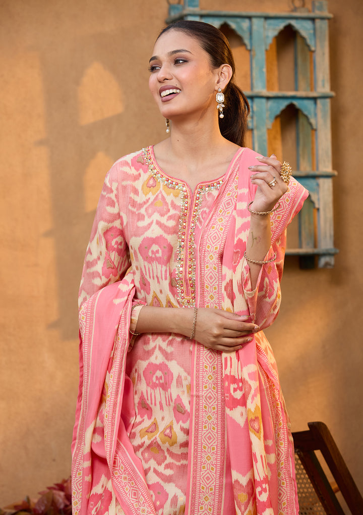 Peach Rayon Floral Sequins Straight Kurta With Pant Regular And Dupatta