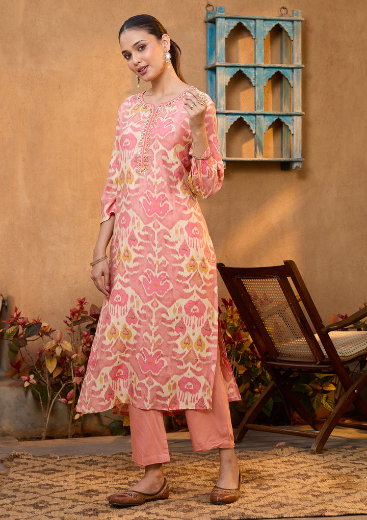 Peach Rayon Floral Sequins Straight Kurta With Pant Regular And Dupatta
