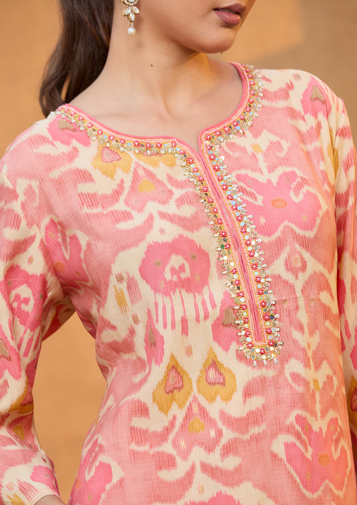 Peach Rayon Floral Sequins Straight Kurta With Pant Regular And Dupatta