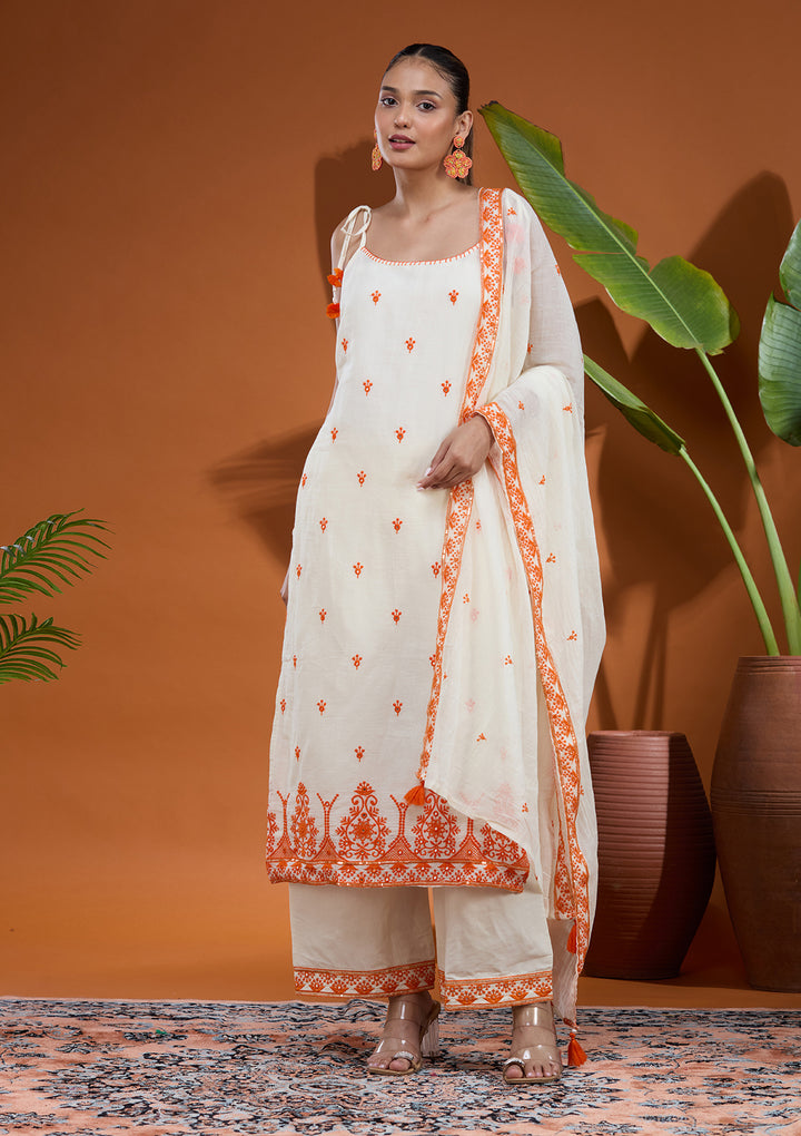 Off White Threadwork Chanderi Readymade Salwar Suit