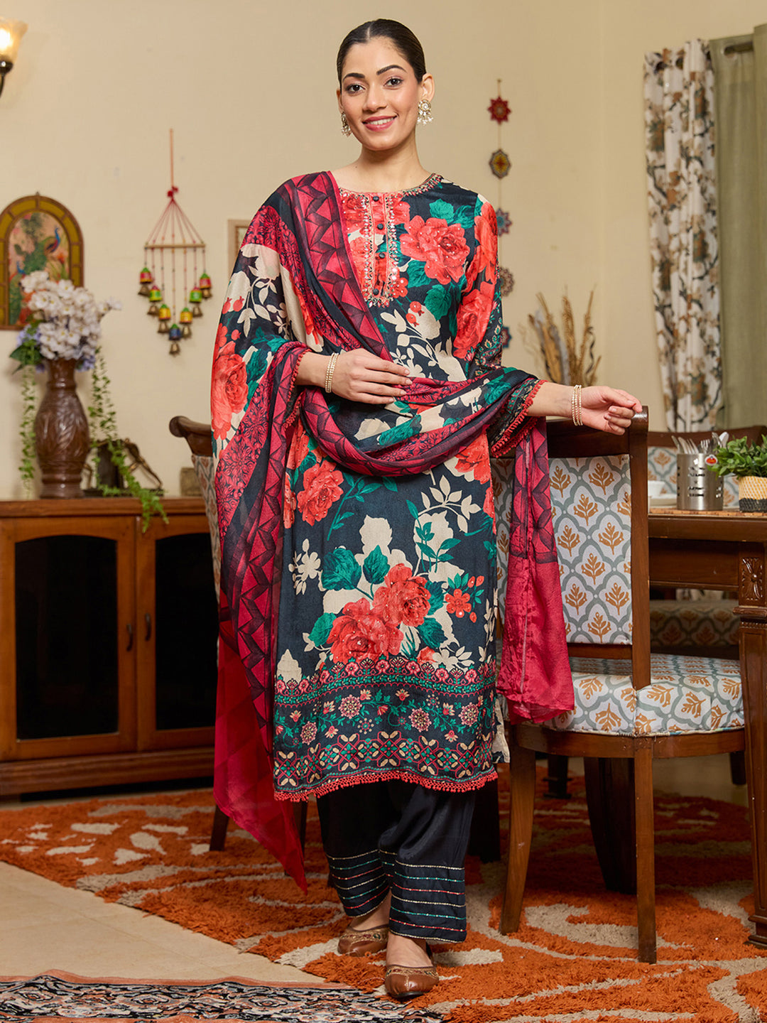 Navy Blue Mirrorwork Chinon Readymade Salwar Suit