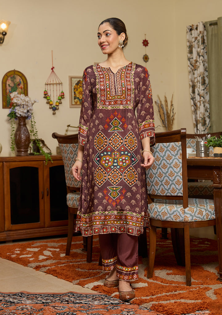 Brown Mirrorwork Crepe Readymade Salwar Suit