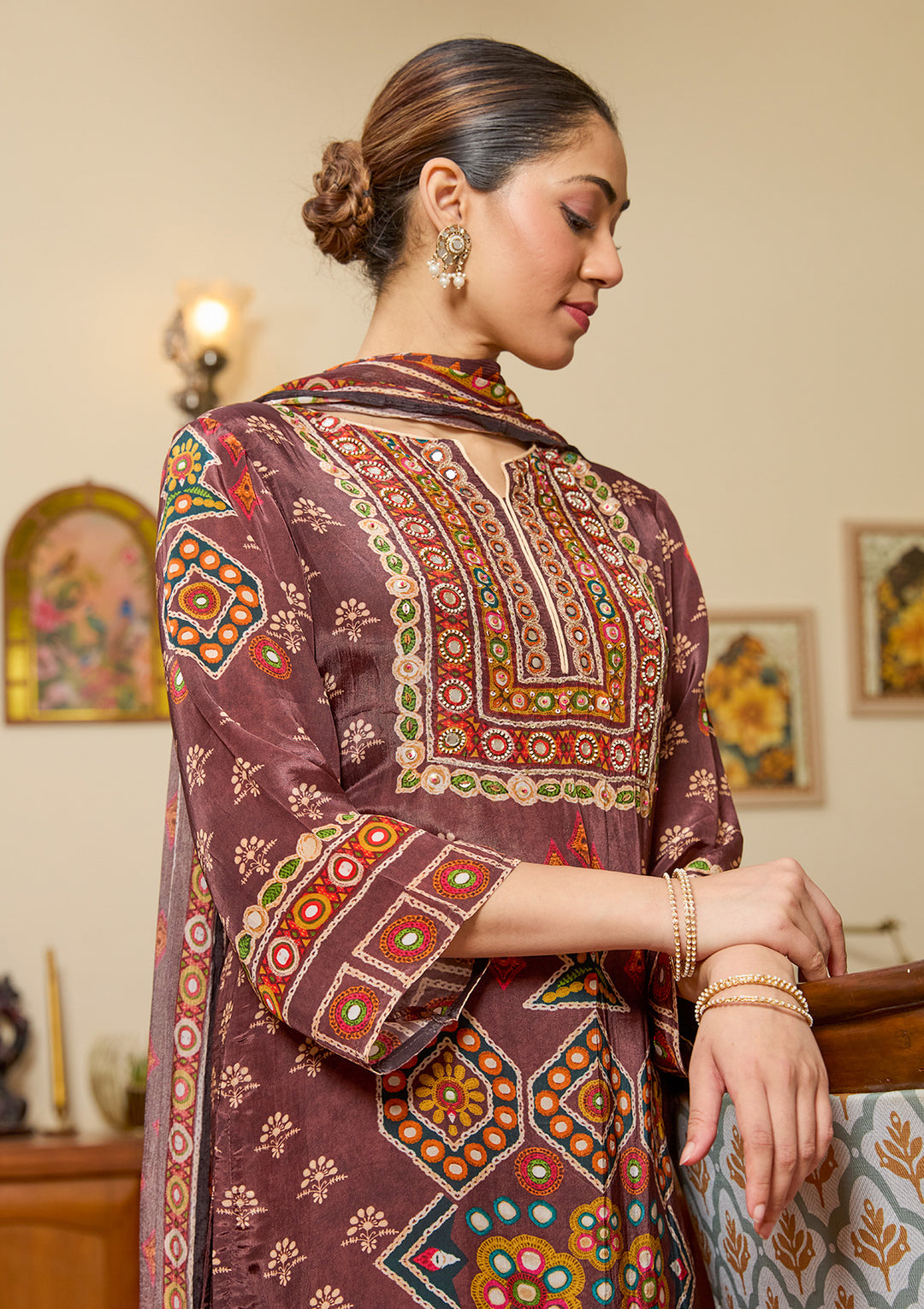 Brown Mirrorwork Crepe Readymade Salwar Suit