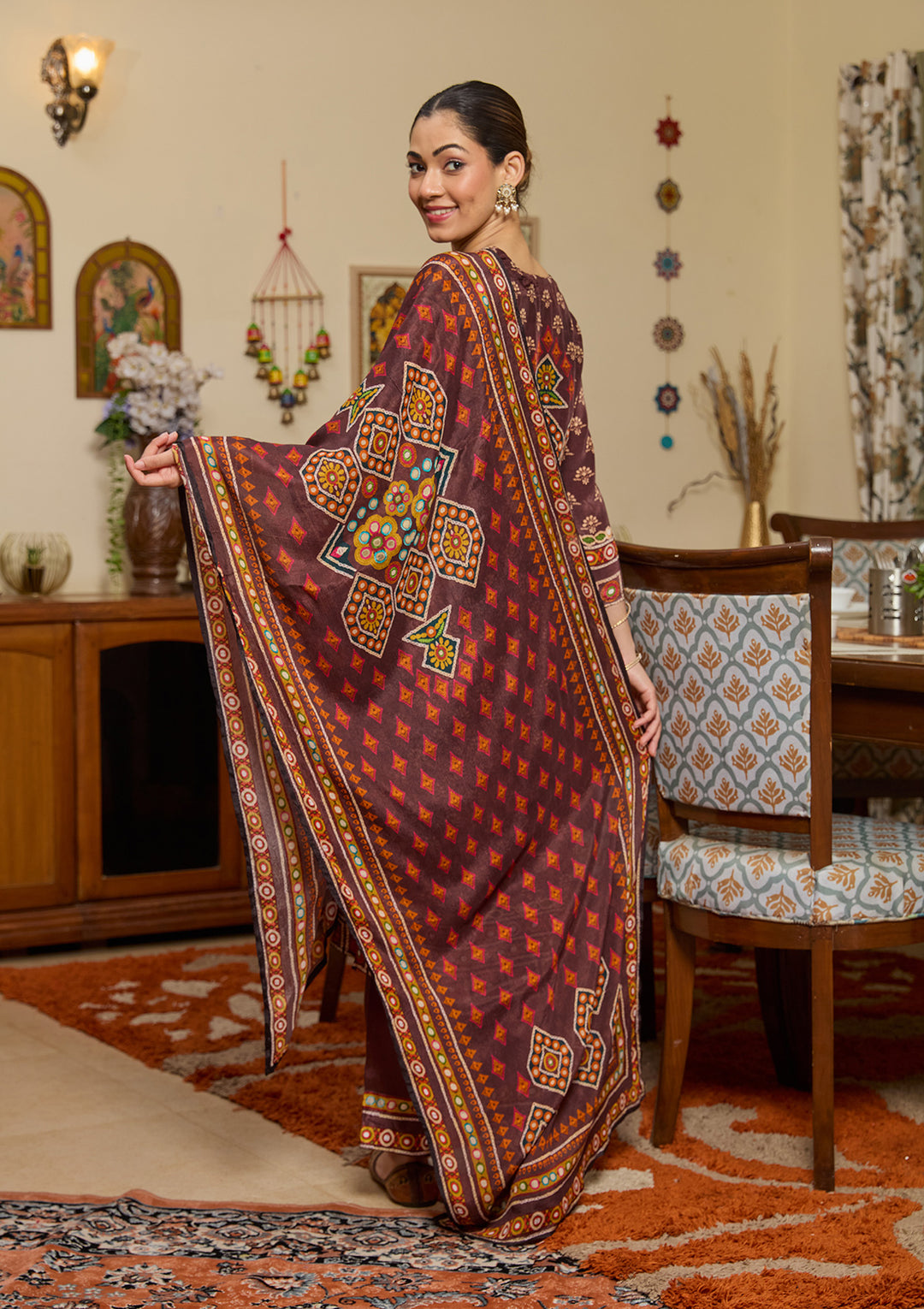 Brown Mirrorwork Crepe Readymade Salwar Suit