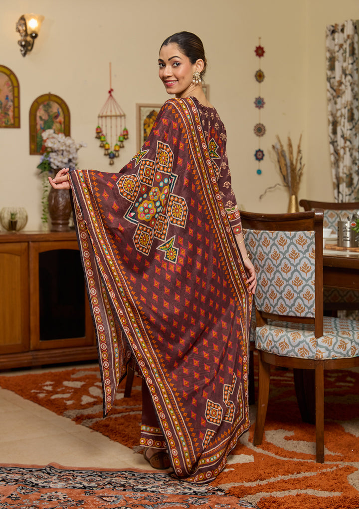 Brown Mirrorwork Crepe Readymade Salwar Suit