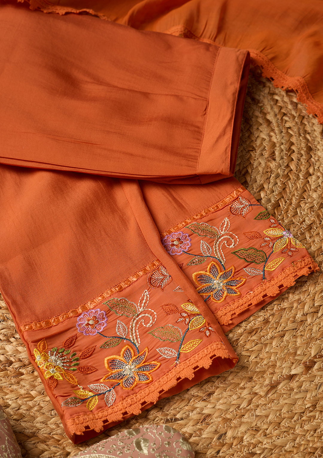 Orange Chanderi Sequins Straight Kurta With Regular Pant And Dupatta
