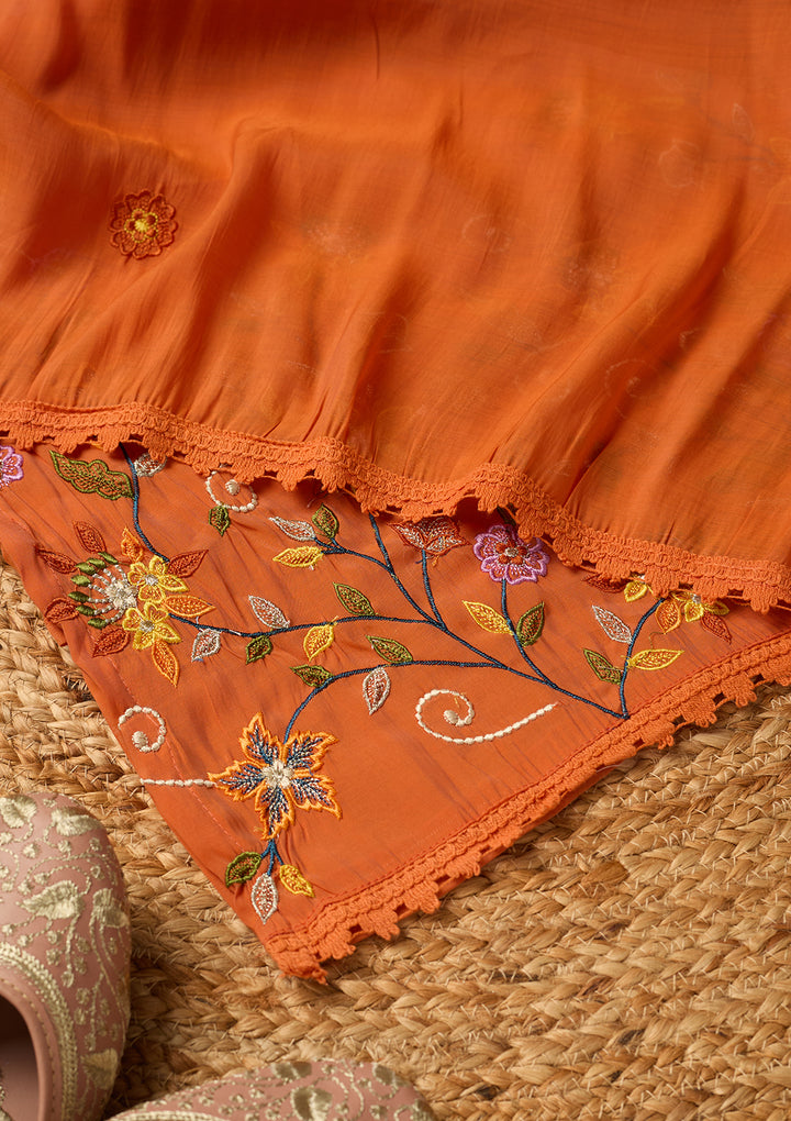 Orange Chanderi Sequins Straight Kurta With Regular Pant And Dupatta