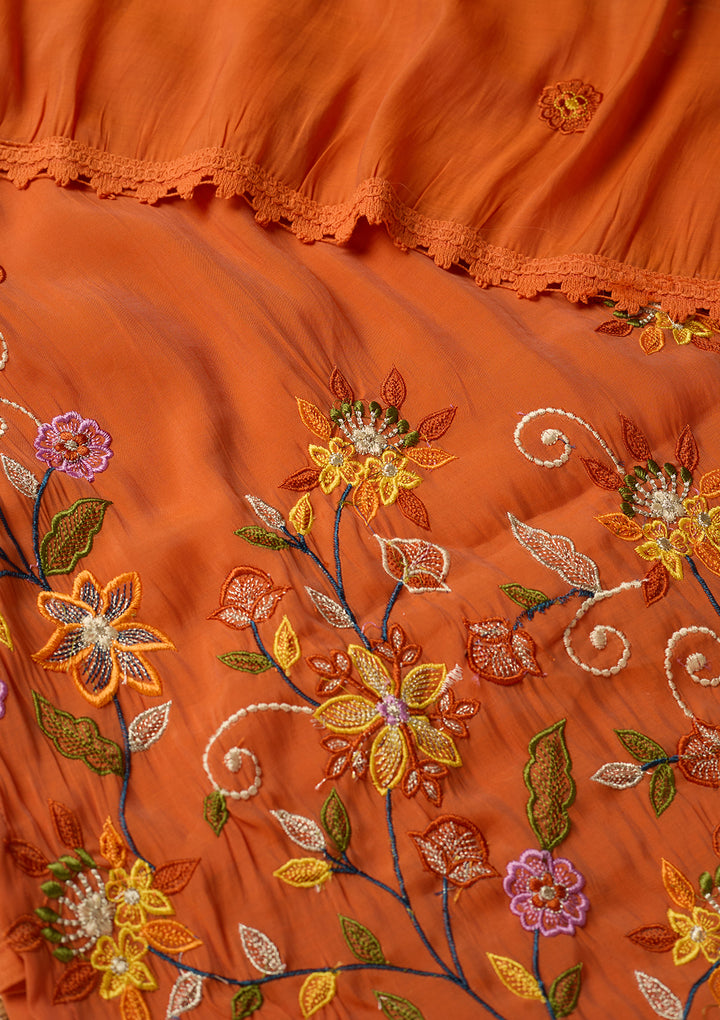 Orange Chanderi Sequins Straight Kurta With Regular Pant And Dupatta