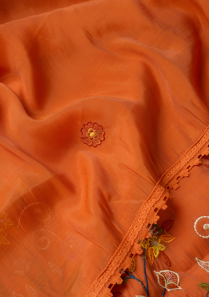 Orange Chanderi Sequins Straight Kurta With Regular Pant And Dupatta