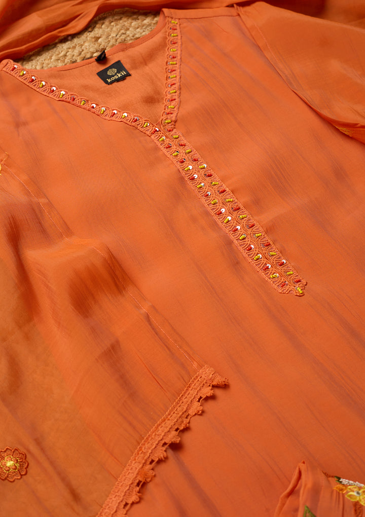 Orange Chanderi Sequins Straight Kurta With Regular Pant And Dupatta