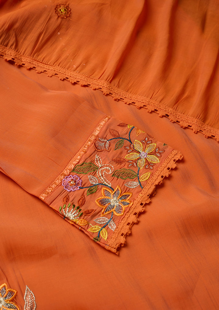 Orange Chanderi Sequins Straight Kurta With Regular Pant And Dupatta