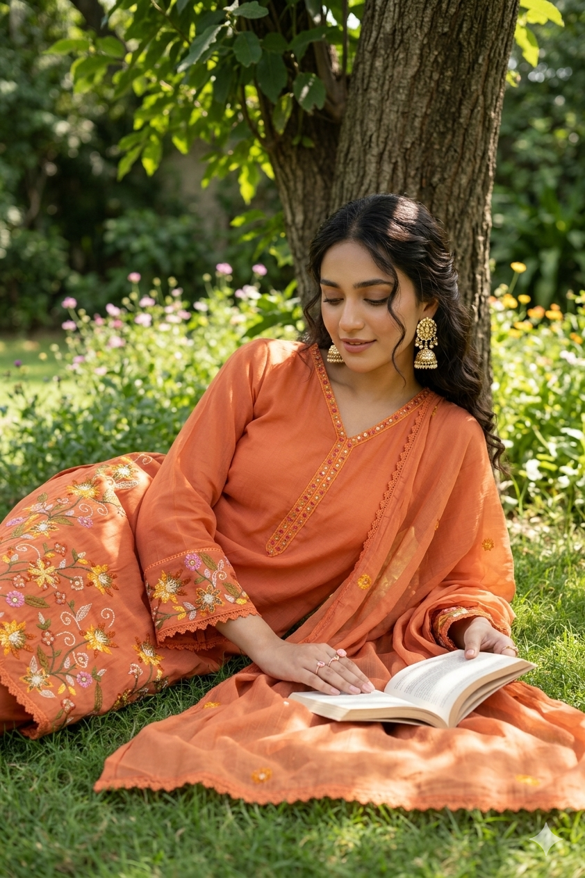 Orange Chanderi Sequins Straight Kurta With Regular Pant And Dupatta