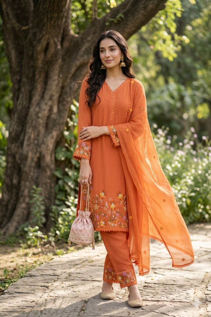 Orange Chanderi Sequins Straight Kurta With Regular Pant And Dupatta