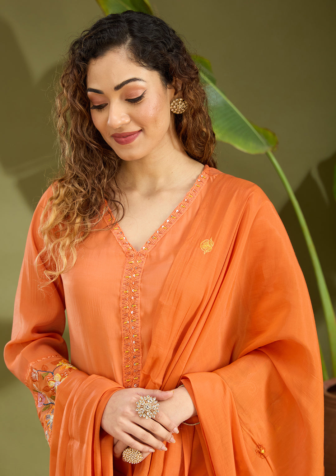 Orange Sequins Chanderi Readymade Salwar Suit