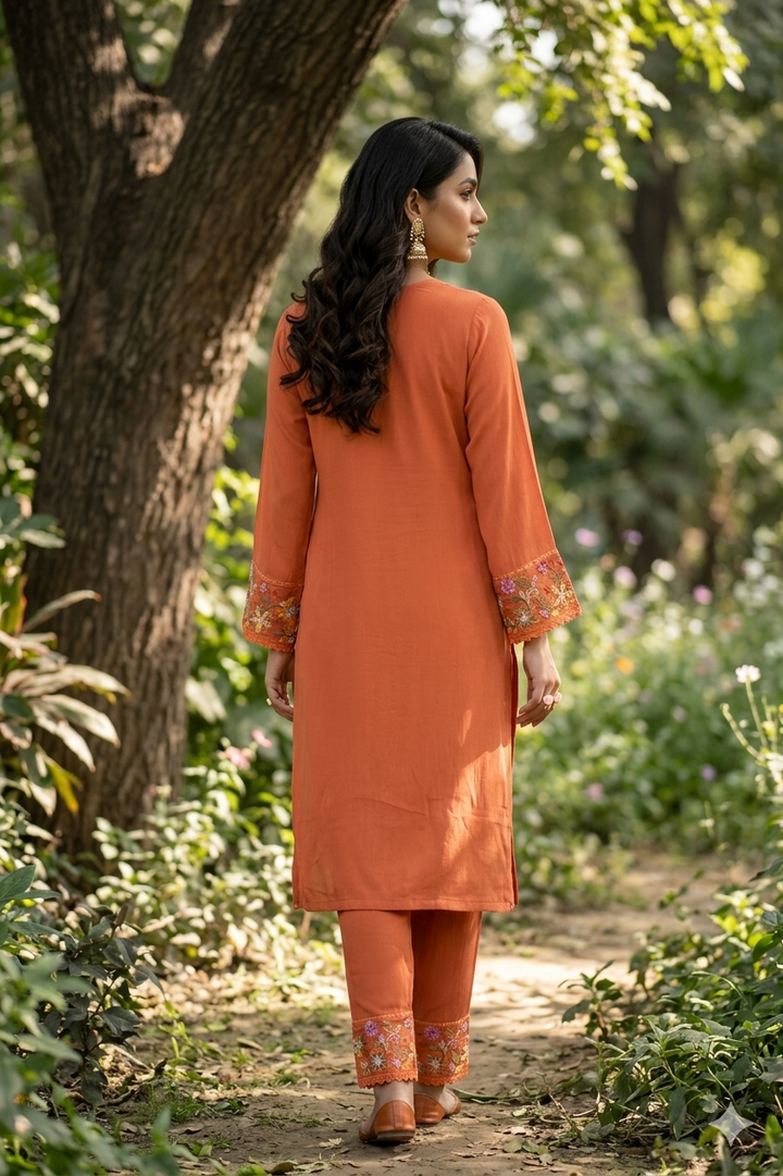 Orange Chanderi Sequins Straight Kurta With Regular Pant And Dupatta