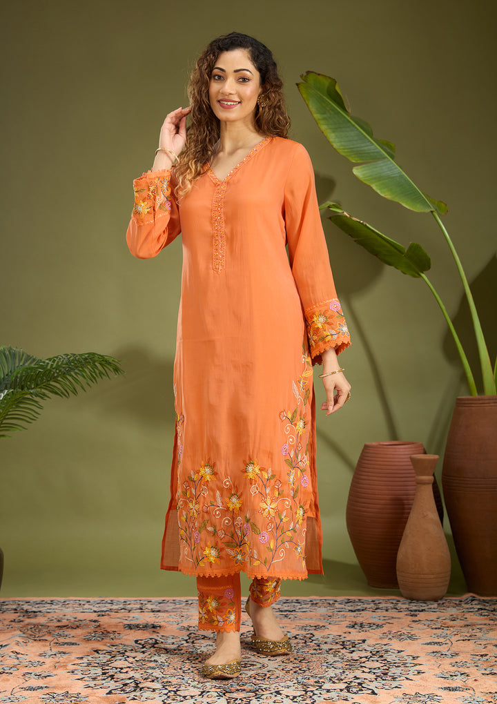 Orange Sequins Chanderi Readymade Salwar Suit