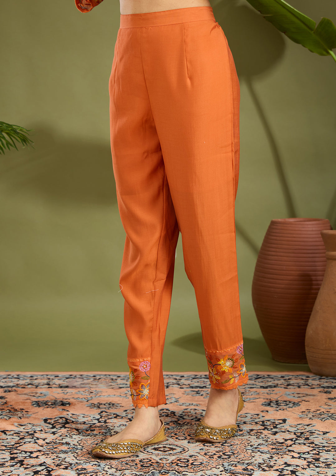 Orange Sequins Chanderi Readymade Salwar Suit