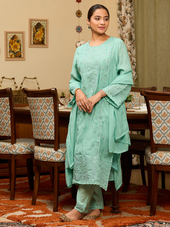 Sea Green Threadwork Chanderi Readymade Salwar Suit