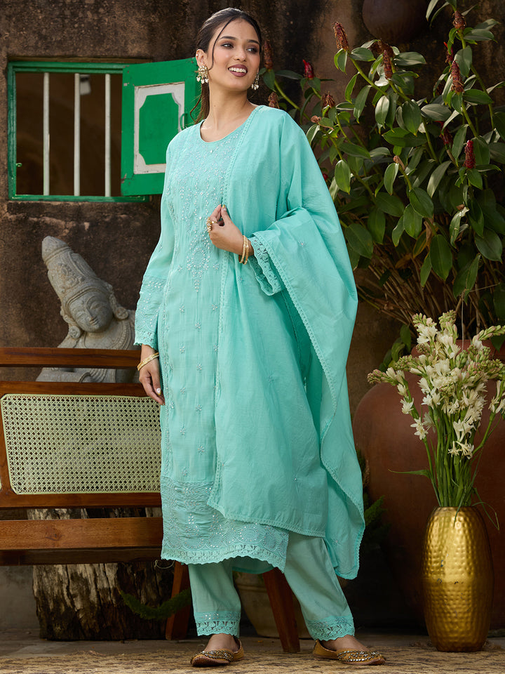 Sea Green Chanderi Threadwork Straight Kurta With Regular Pant And Dupatta