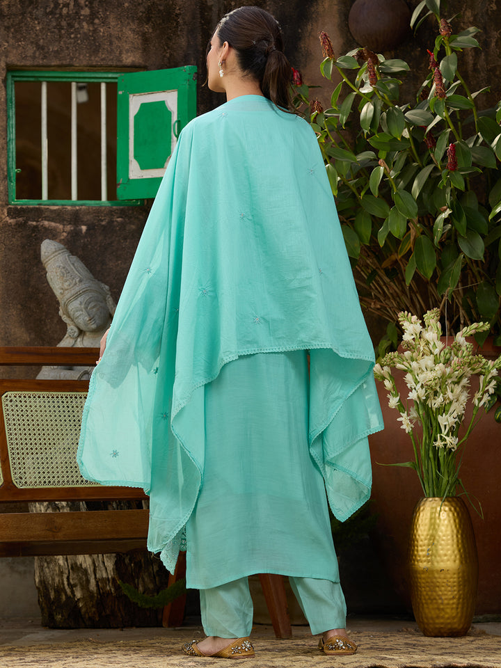Sea Green Chanderi Threadwork Straight Kurta With Regular Pant And Dupatta