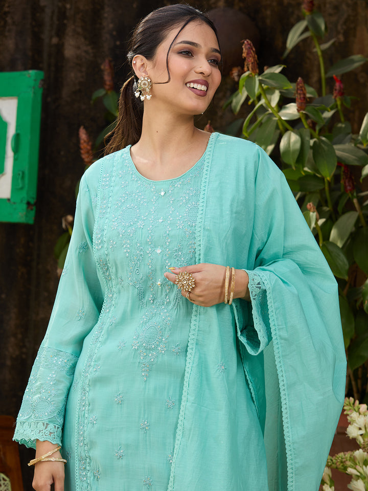 Sea Green Chanderi Threadwork Straight Kurta With Regular Pant And Dupatta