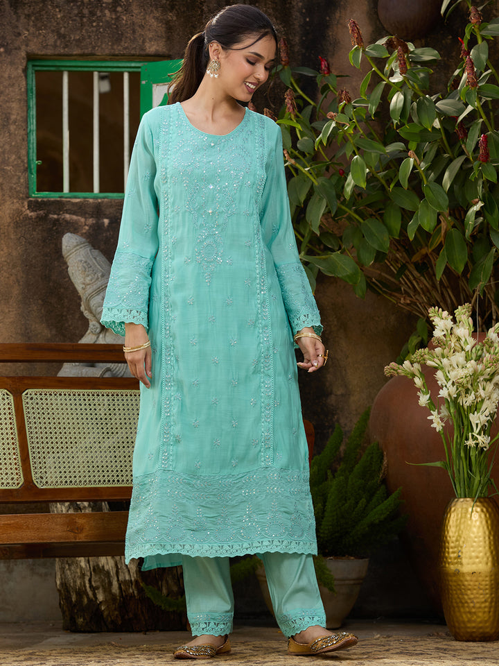 Sea Green Chanderi Threadwork Straight Kurta With Regular Pant And Dupatta