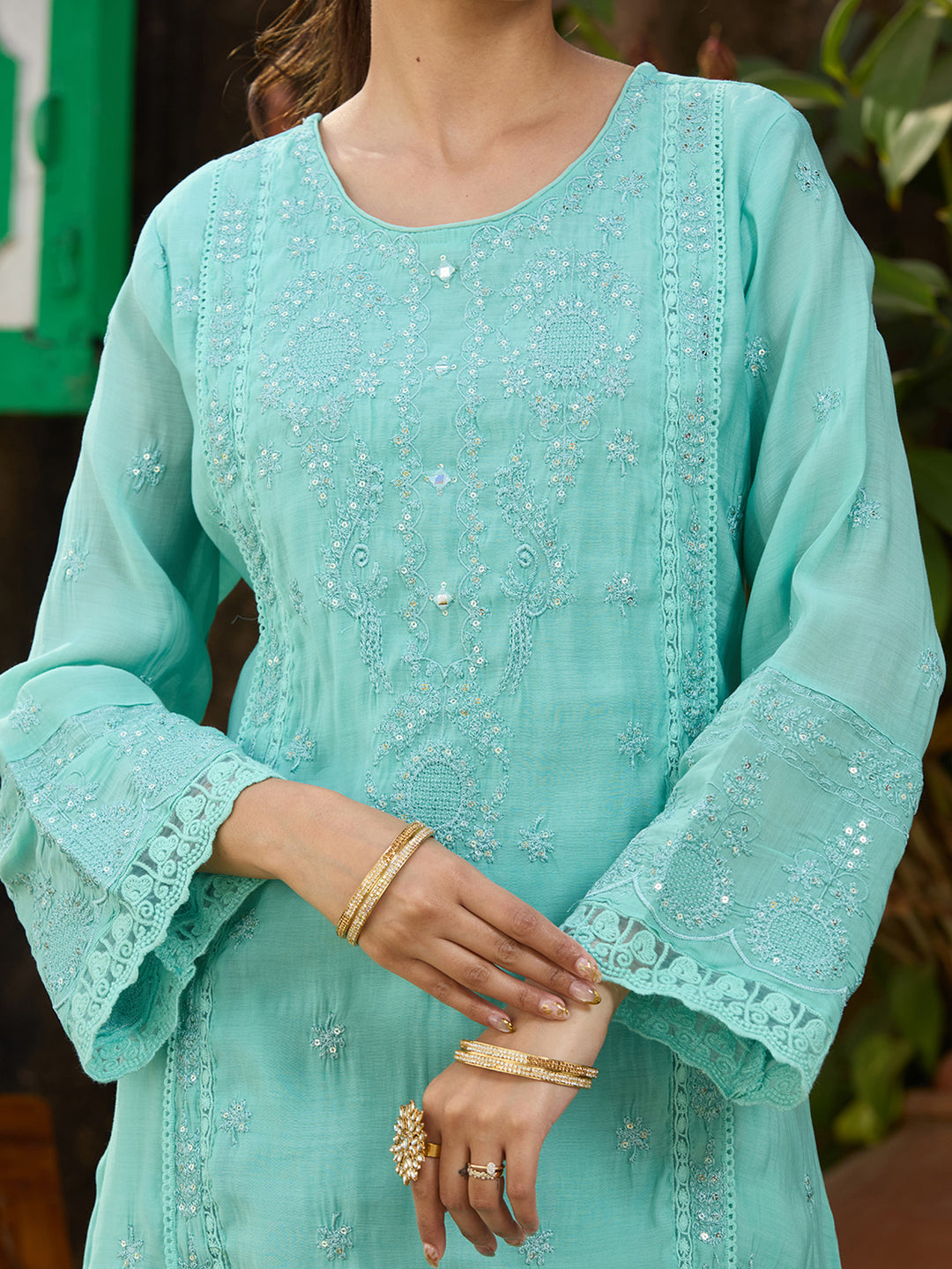 Sea Green Chanderi Threadwork Straight Kurta With Regular Pant And Dupatta