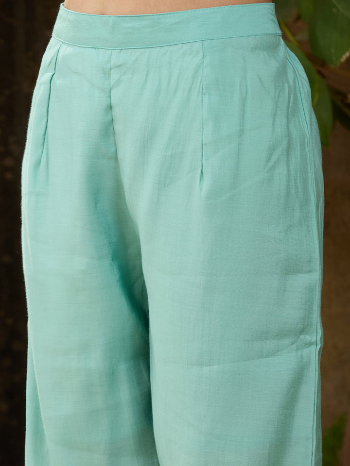 Sea Green Chanderi Threadwork Straight Kurta With Regular Pant And Dupatta
