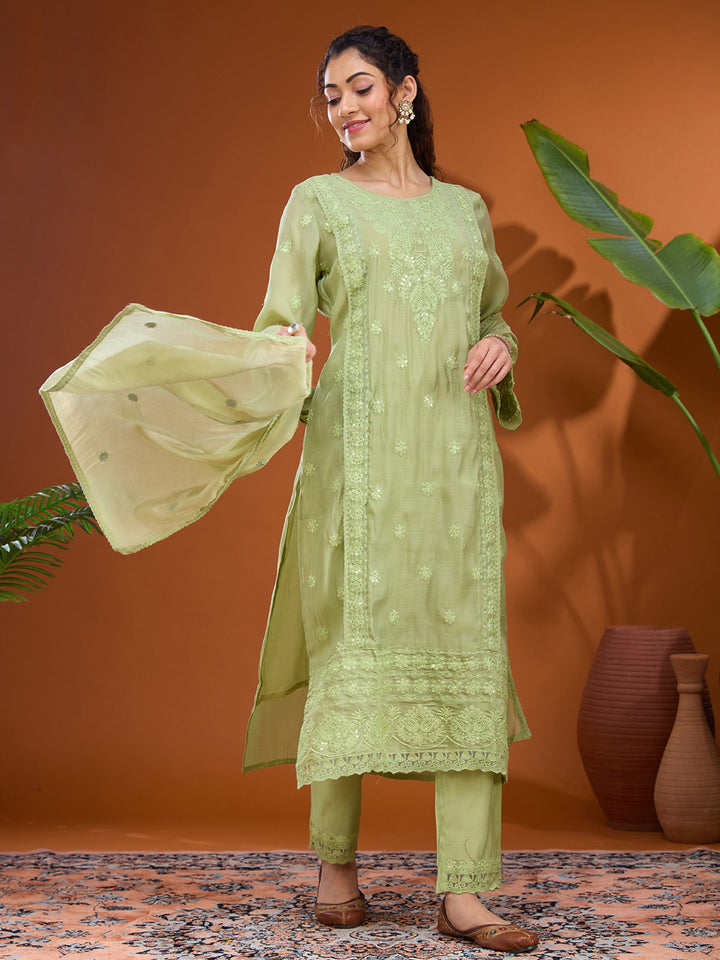 Pista Green Threadwork Chanderi Readymade Salwar Suit