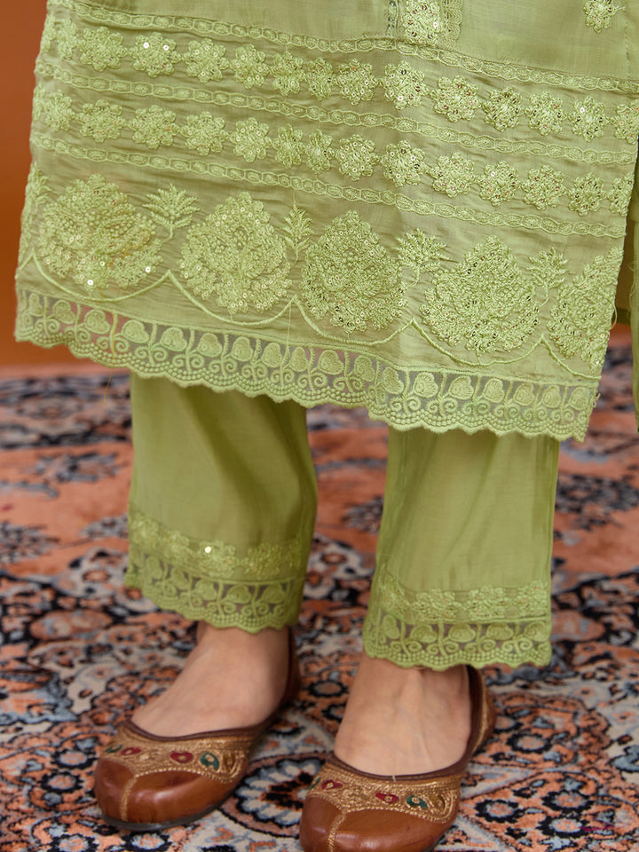 Pista Green Threadwork Chanderi Readymade Salwar Suit