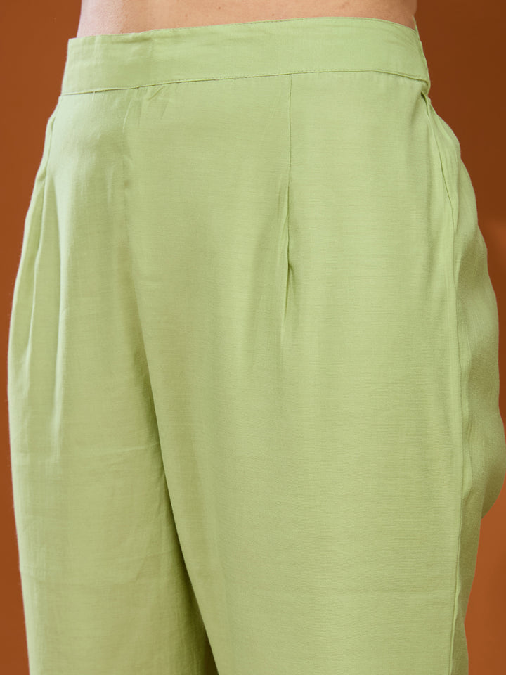 Pista Green Threadwork Chanderi Readymade Salwar Suit