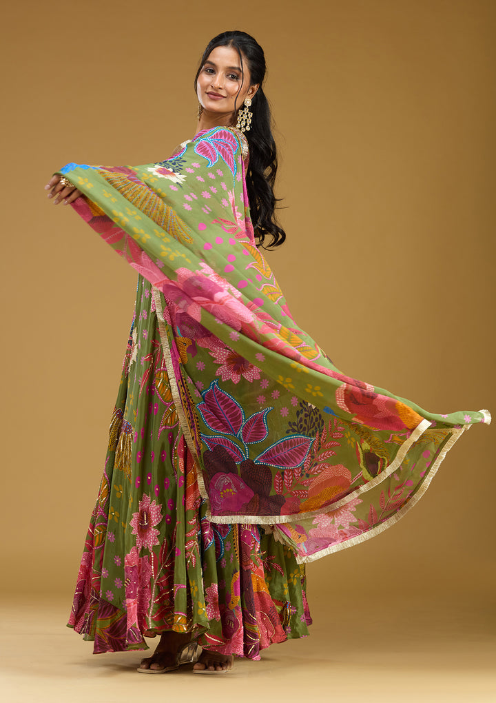 Green Cutdana Crepe Readymade Salwar Suit