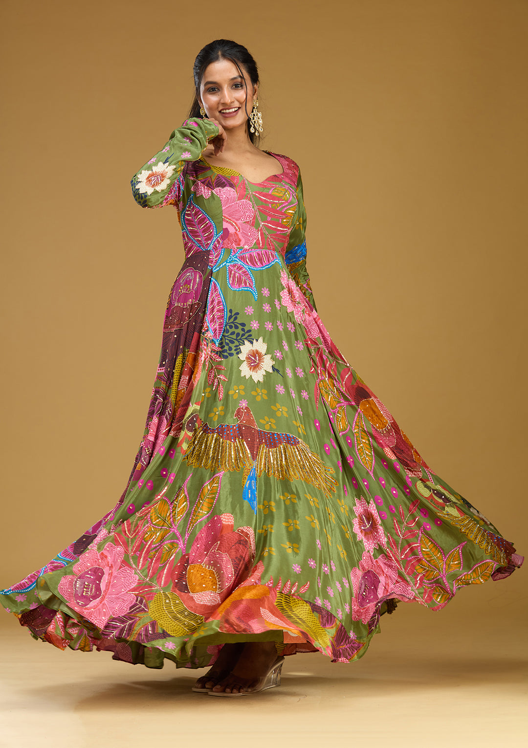 Green Cutdana Crepe Readymade Salwar Suit