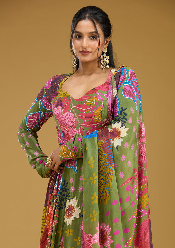 Green Cutdana Crepe Readymade Salwar Suit
