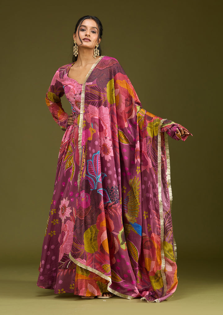Wine Multi Crepe Floral Cutdana Anarkali Kurta With Bottom And Dupatta