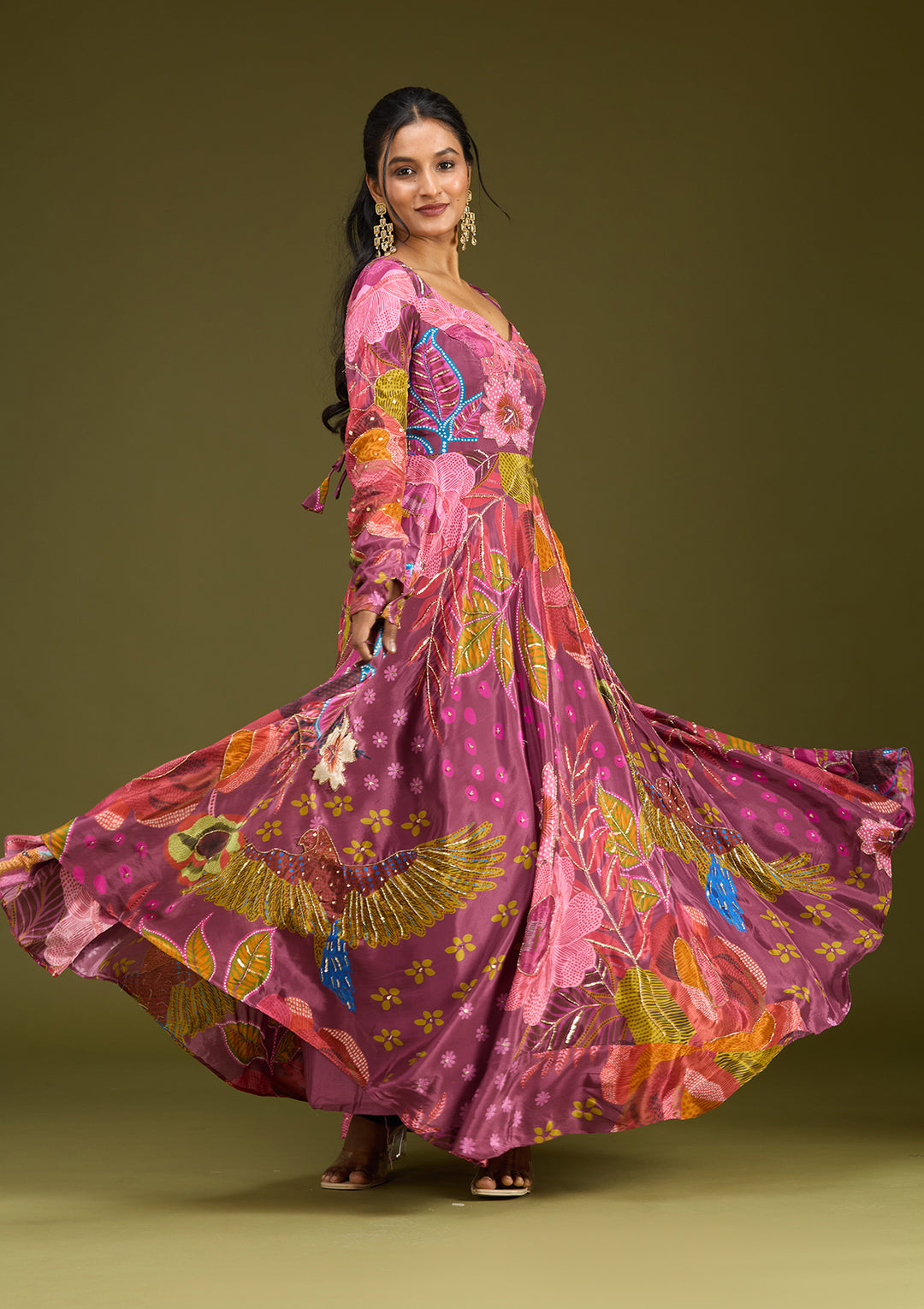 Wine Multi Crepe Floral Cutdana Anarkali Kurta With Bottom And Dupatta