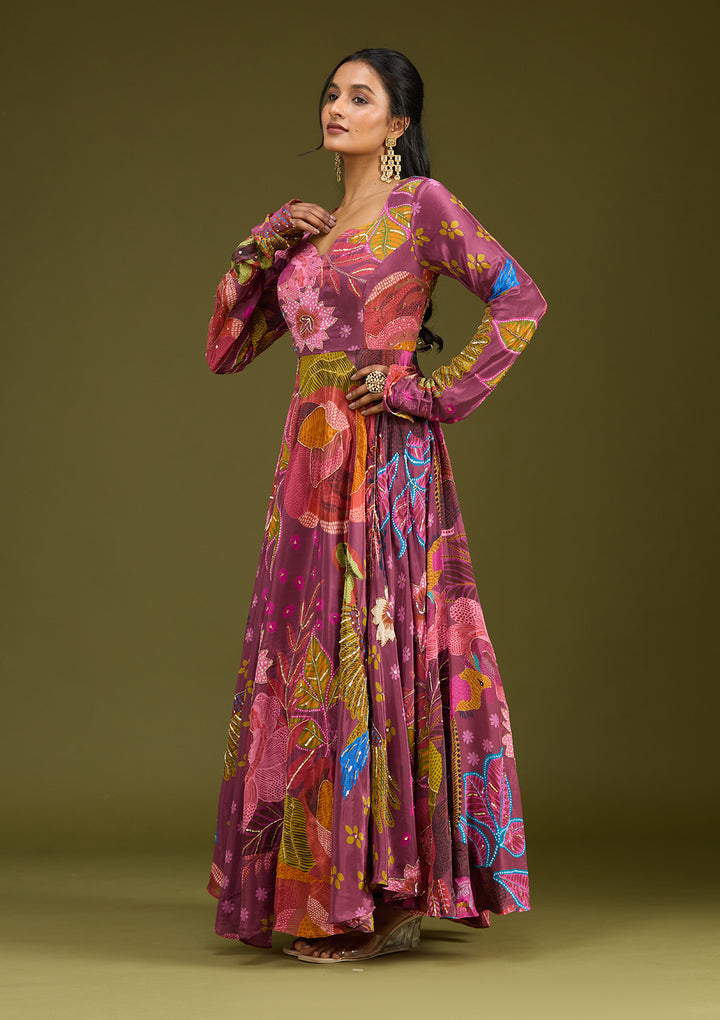 Wine Multi Crepe Floral Cutdana Anarkali Kurta With Bottom And Dupatta