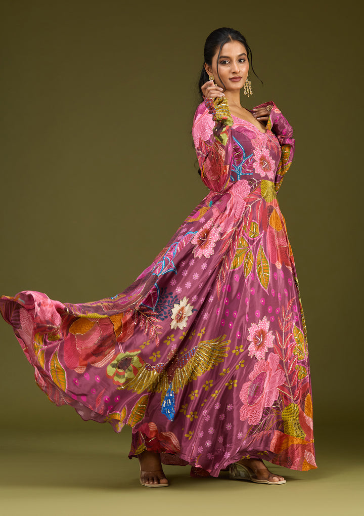 Wine Multi Crepe Floral Cutdana Anarkali Kurta With Bottom And Dupatta