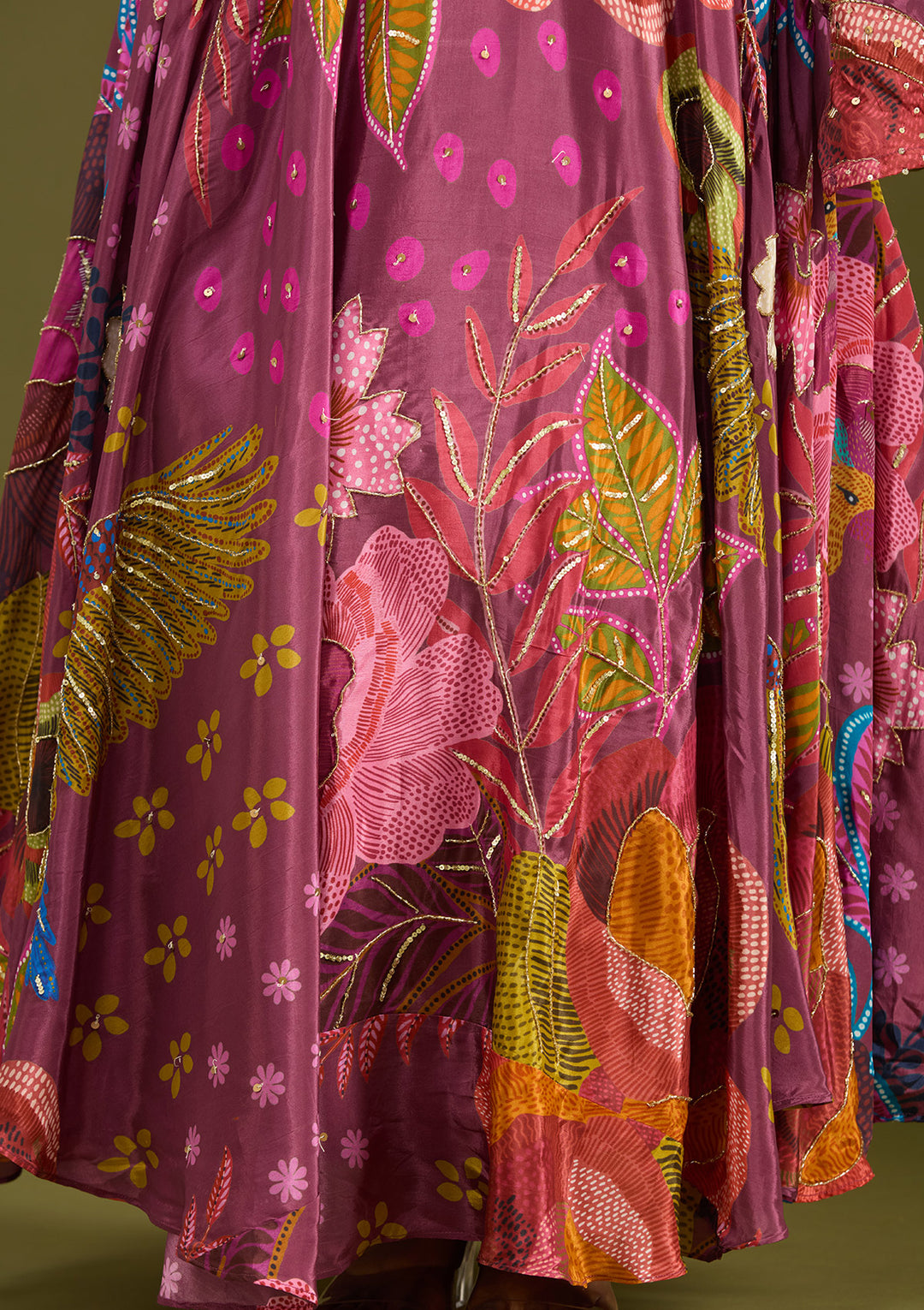Wine Multi Crepe Floral Cutdana Anarkali Kurta With Bottom And Dupatta