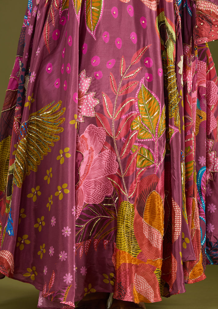 Wine Multi Crepe Floral Cutdana Anarkali Kurta With Bottom And Dupatta