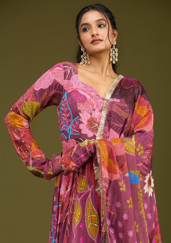 Wine Multi Crepe Floral Cutdana Anarkali Kurta With Bottom And Dupatta