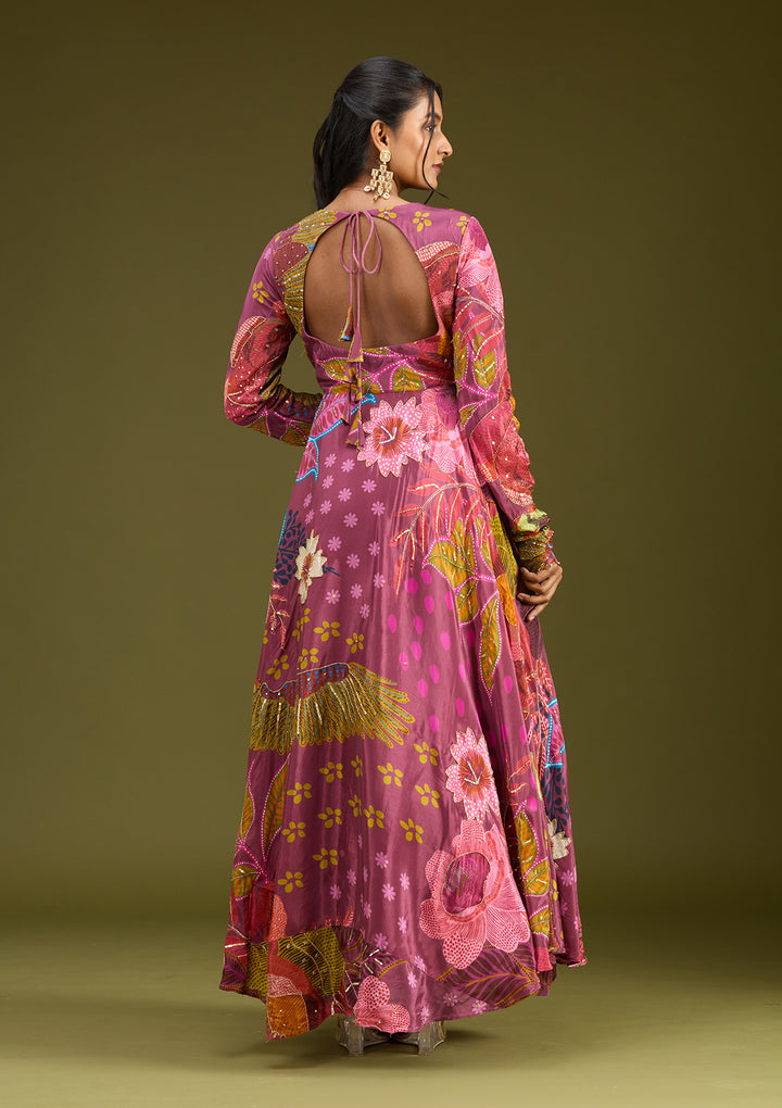 Wine Multi Crepe Floral Cutdana Anarkali Kurta With Bottom And Dupatta