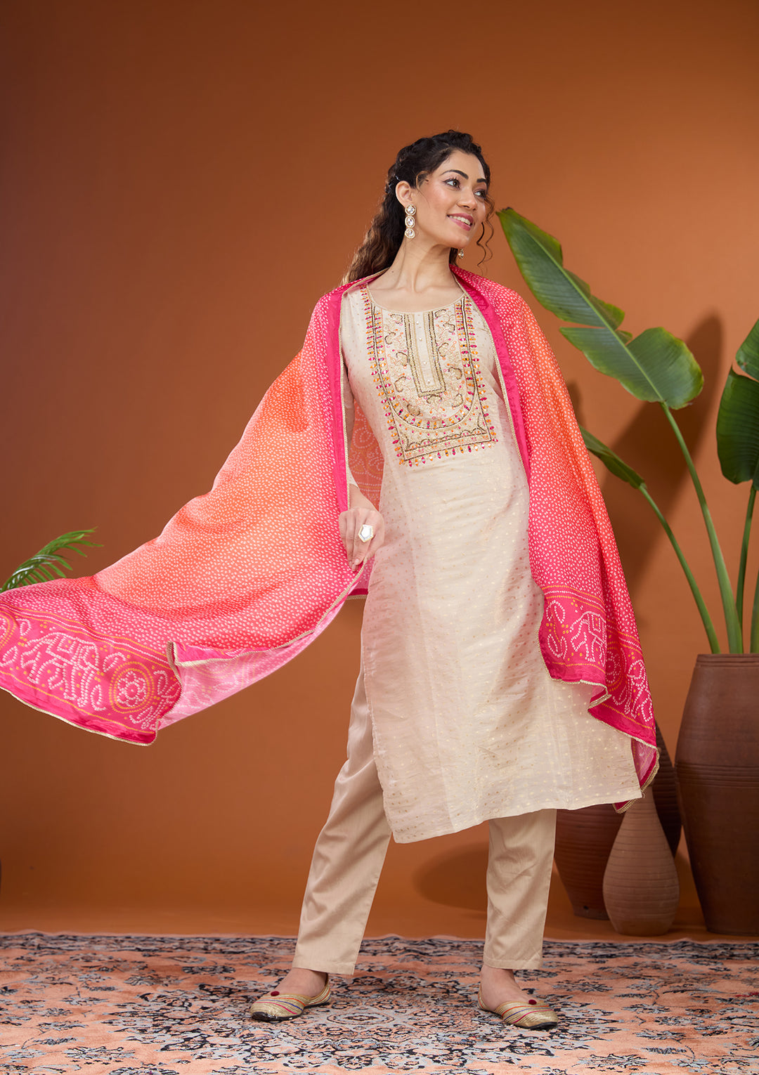 Beige Multi Brocade Threadwork Straight Kurta With Pant Regular And Dupatta